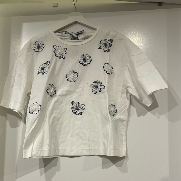 Max Mara intrend cotton blue floral Embroidered White Short Sleeve Tee SIZE L - Picture 2 of 7